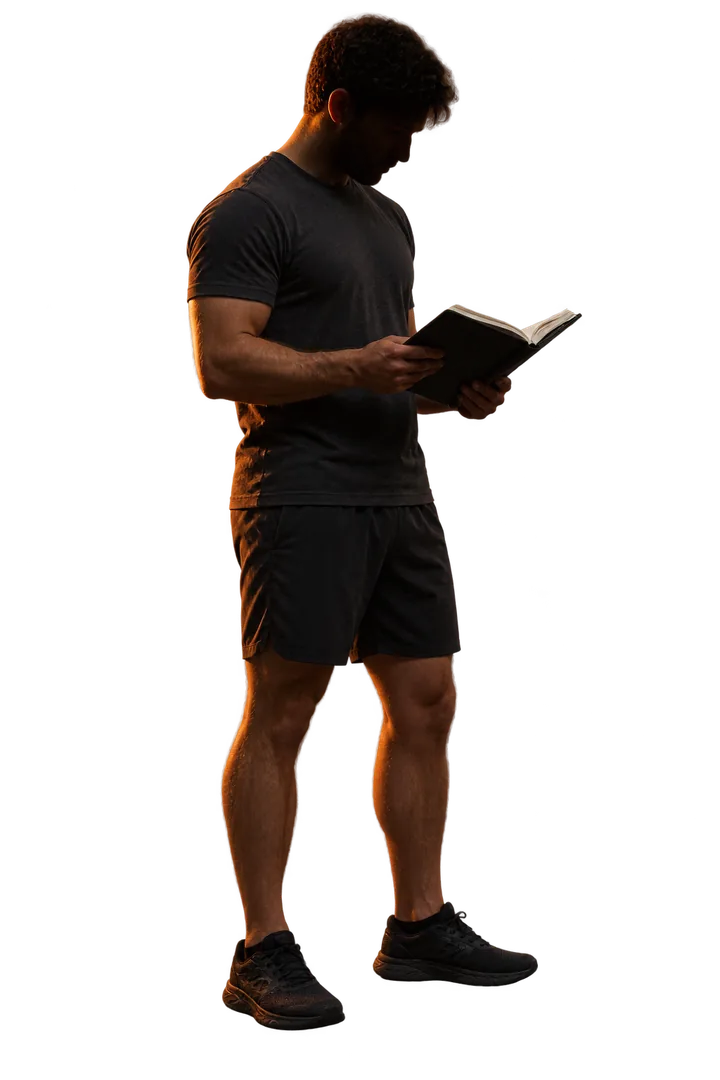 A lifter in three-quarter view reading a training notebook