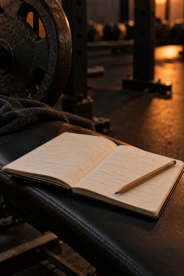 An open training notebook and pencil on a gym bench