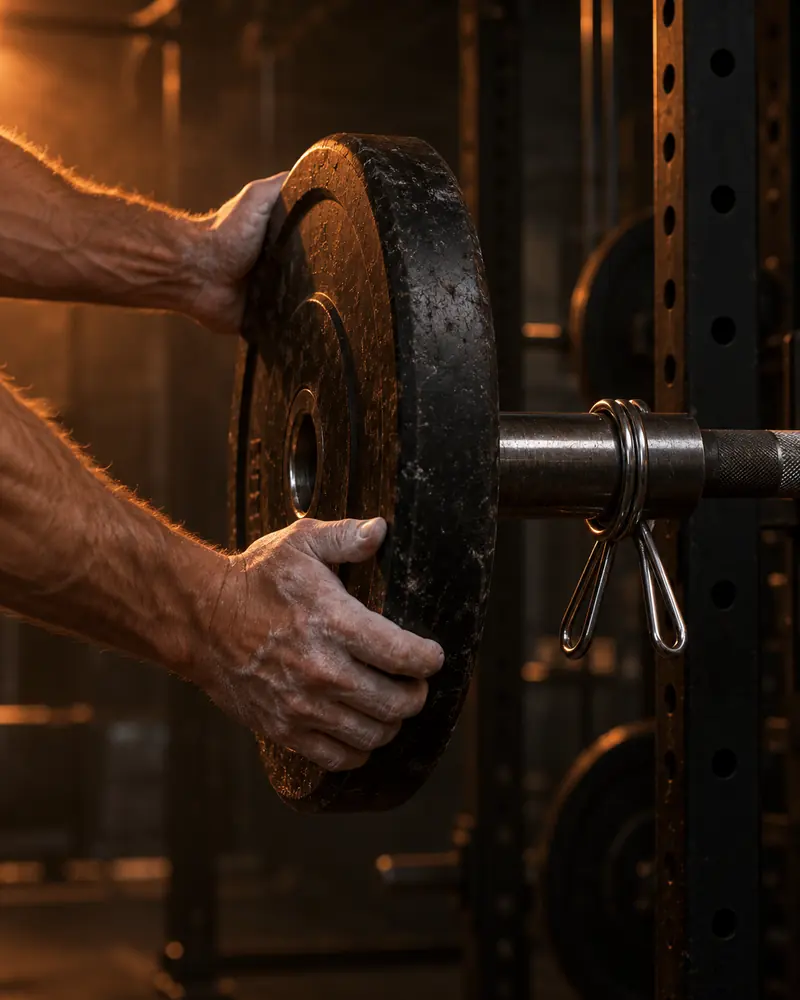 Chalked hands sliding a weight plate onto a barbell