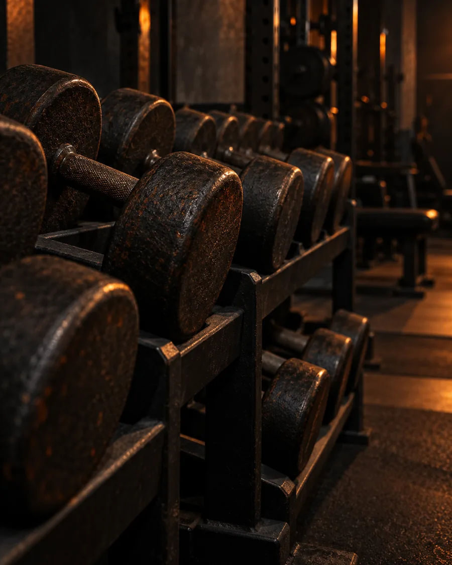 A rack of cast-iron dumbbells fading into a dark gym